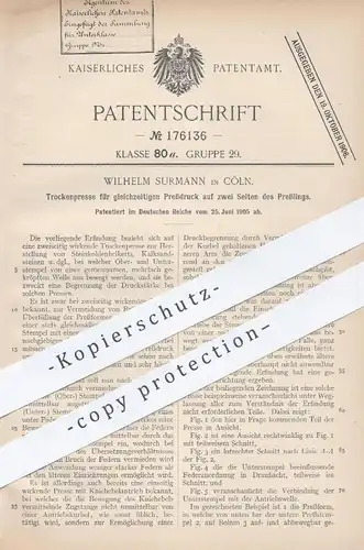 original Patent - Wilhelm Surmann , Köln , 1905 , Trockenpresse für Brikett , Kohle , Steinkohle | Presse , Pressen !!