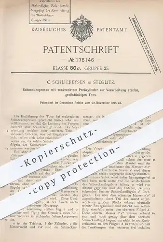 original Patent - C. Schlickeysen , Berlin / Steglitz , 1905 , Schneckenpresse zur Verarbeitung gr. Tonstücken | Ziegel