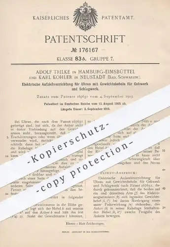 original Patent - Adolf Trilke , Hamburg | Karl Kohler , Neustadt , 1905 , Elektr. Aufziehen von Uhren | Uhrmacher , Uhr