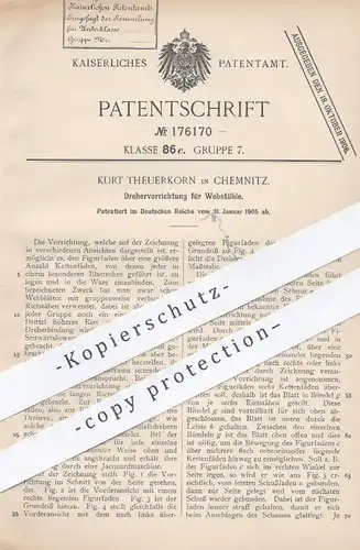 original Patent - Kurt Theuerkorn , Chemnitz , 1905 , Drehervorrichtung für Webstühle | Webstuhl , Weben , Weber !!