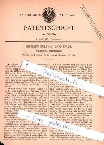 original Patent - Hermann Kürth in Darmstadt , 1885 , Hydraulische Thürhemmung !!!