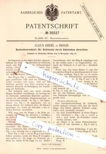 original Patent - Julius Riedel in Berlin , 1885 , Quetschverschluß für Schläuche !!!