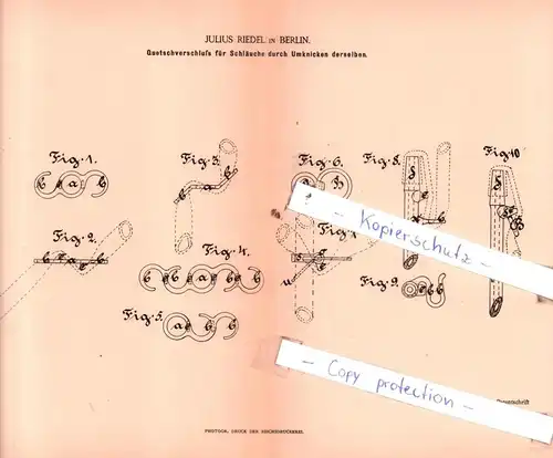 original Patent - Julius Riedel in Berlin , 1885 , Quetschverschluß für Schläuche !!!