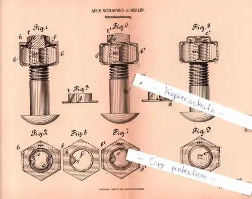 original Patent -  Aisik Schapiro in Berlin , 1885 , Schraubensicherung !!!