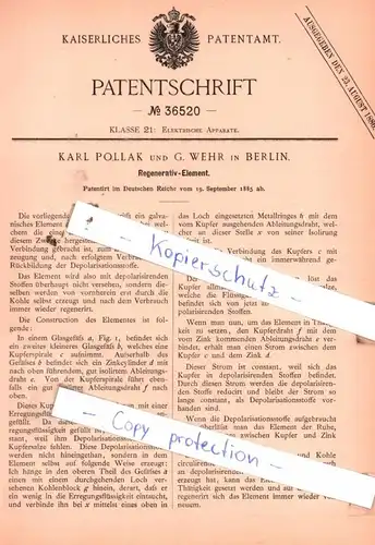 original Patent - Karl Pollak und G. Wehr in Berlin , 1885 ,  Regenerativ-Element !!!