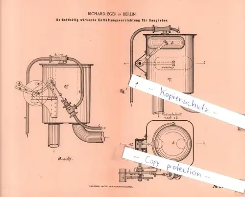 original Patent - Richard Eger in Berlin , 1886 , Pumpen !!!