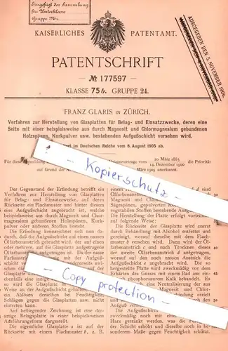 original Patent - Franz Glaris in Zürich , 1905 , Herstellung von Glasplatten für Belag- und Einsatzzwecke !!!