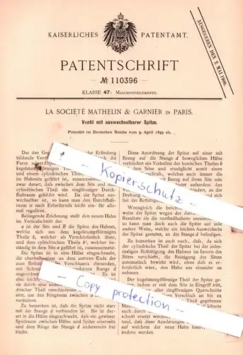 original Patent - La Sociètè Mathelin & Garnier in Paris , 1899 ,  Ventil mit auswechselbarer Spitze !!!