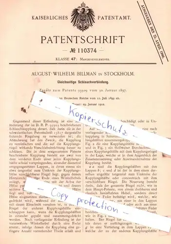 original Patent - August Wilhelm Billman in Stockholm , 1899 , Gleichseitige Schlauchverbindung !!!