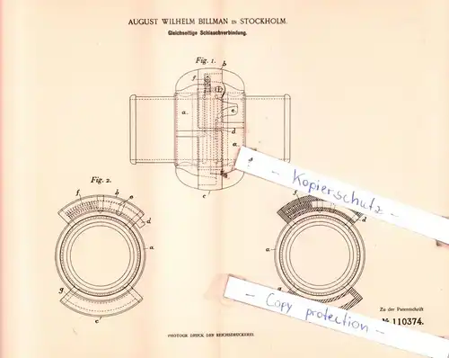 original Patent - August Wilhelm Billman in Stockholm , 1899 , Gleichseitige Schlauchverbindung !!!