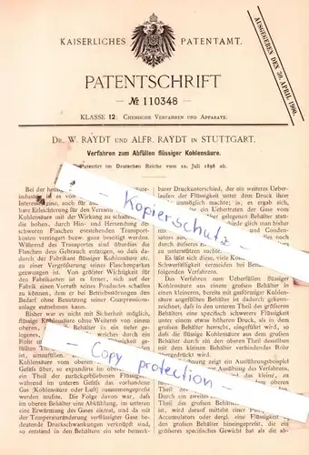 original Patent -  Dr. W. Rayd und Alfr. Rayd in Stuttgart , 1898 , Abfüllen flüssiger Kohlensäure !!!