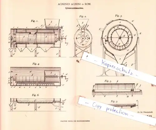 original Patent - Agnenio Agneni in Rom , 1899 , Cylindersichtmaschine !!!