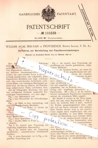 original Patent - William Agal Mauran in Providence , USA , 1898 , Herstellung von Flaschenverpackungen !!!