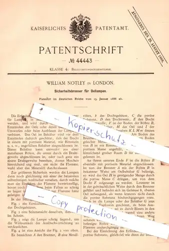 original Patent - William Notley in London , 1888 ,  Sicherheitsbrenner für Oellampen !!!