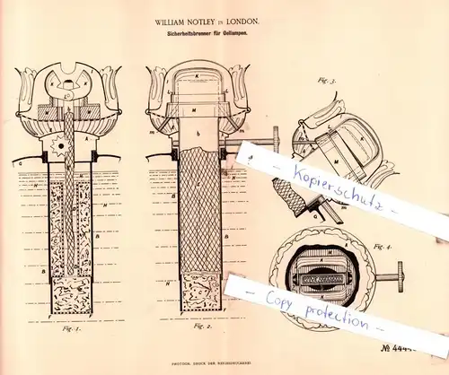 original Patent - William Notley in London , 1888 ,  Sicherheitsbrenner für Oellampen !!!