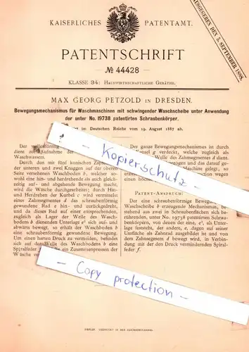 original Patent - Max Georg Petzold in Dresden , 1887 , Bewegungsmechanismus für Waschmaschinen !!!