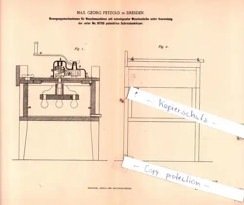 original Patent - Max Georg Petzold in Dresden , 1887 , Bewegungsmechanismus für Waschmaschinen !!!
