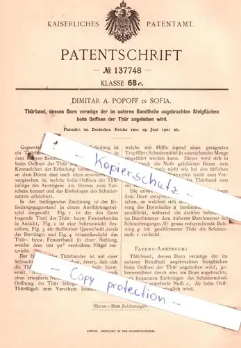 original Patent - Dimitar A. Popoff in Sofia , 1901 , Türband, dessen Dorn beim Oeffnen der Thür angehoben wird !!!