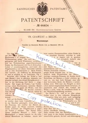 original Patent - Fr. Grawert in Berlin , 1887 , Wäschemangel !!!