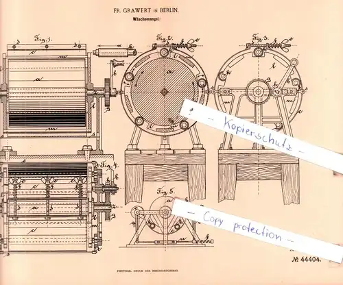original Patent - Fr. Grawert in Berlin , 1887 , Wäschemangel !!!