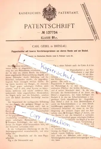 original Patent -  Carl Gebel in Breslau , 1902 , Pappschachtel mit Verstärkungsrahmen !!!