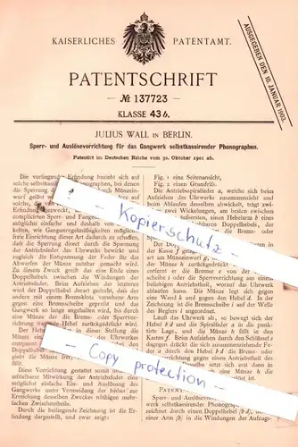 original Patent - Julius Wall in Berlin , 1901 , Gangwerk selbstkassirender Phonographen !!!