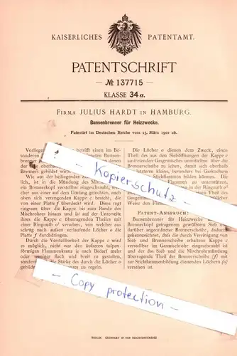 original Patent - Fa. Julius Hardt in Hamburg , 1902 , Bunsenbrenner für Heizzwecke !!!