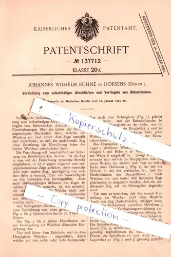 original Patent - J. W. Rühne in Horsens , Dänem. , 1901 , Abschließen und Verriegeln von Bahnstrecken !!!