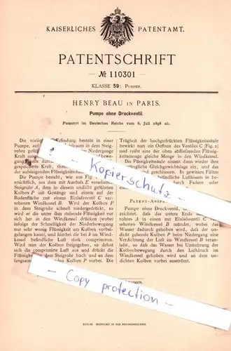 original Patent - Henry Beau in Paris , 1898 , Pumpe ohne Druckventil !!!