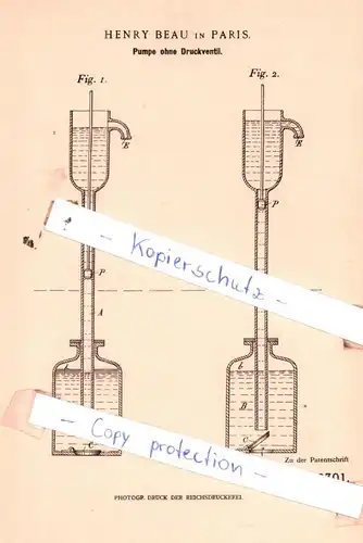 original Patent - Henry Beau in Paris , 1898 , Pumpe ohne Druckventil !!!