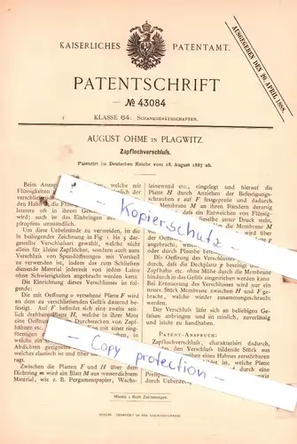 original Patent - August Ohme in Plagwitz , 1887 , Zapflochverschluß !!!
