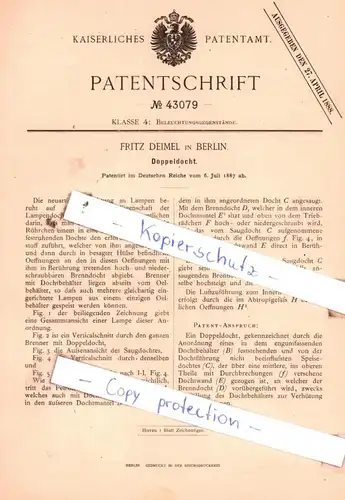 original Patent - Fritz Deimel in Berlin , 1887 ,  Doppeldocht !!!