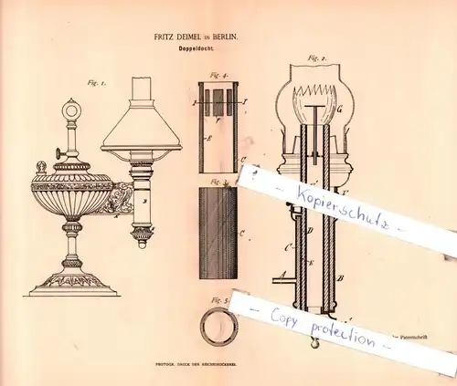 original Patent - Fritz Deimel in Berlin , 1887 ,  Doppeldocht !!!