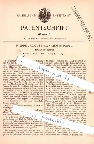 original Patent - Pierre Jacques Carmien in Paris , 1885 , Luftcarburir-Apparat !!!