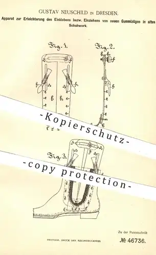 original Patent - Gustav Neuschild , Dresden , 1888 , Einziehen von Gummizug in Schuhwerk | Schuh , Schuhe , Schuster !!