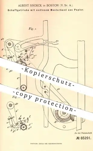 original Patent - Albert Snoeck , Boston , USA , 1892 , Schaftgetriebe mit Papier - Musterband | Schaftmaschine , Weber