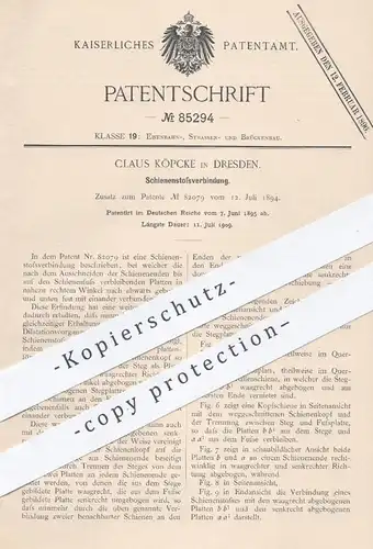original Patent - Claus Köpcke , Dresden , 1895 , Schienenstoßverbindung | Eisenbahn - Schienen | Straßenbahn !!