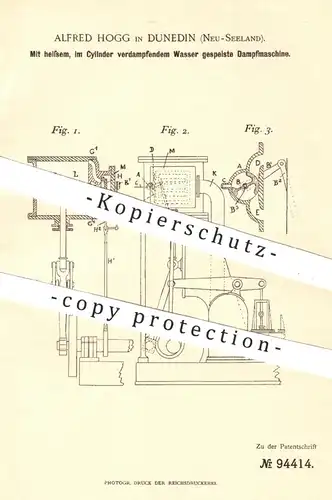 original Patent - Alfred Hogg , Dunedin , Neuseeland , 1896 , Dampfmaschine mit heißem Wasser | Dampfkessel !!!