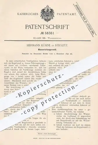 original Patent - Hermann Kühne , Berlin / Steglitz , 1890 , Wasserleitungsventil | Wasserleitung , Ventil , Kegelventil
