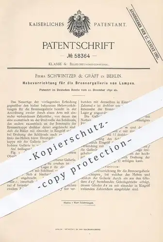 original Patent - Schwintzer & Gräf , Berlin , 1890 , Hebevorrichtung für Brennergallerie von Lampen | Brenner , Lampe !