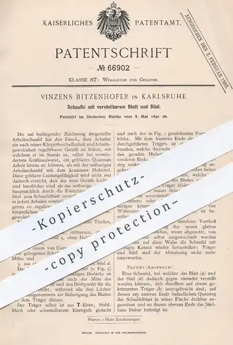 original Patent - Vinzens Bitzenhofer , Karlsruhe , 1892 , Schaufel mit verstellbarem Blatt u. Stiel | Werkzeug , Gerät