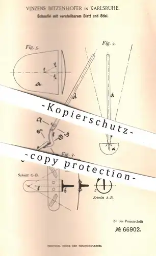 original Patent - Vinzens Bitzenhofer , Karlsruhe , 1892 , Schaufel mit verstellbarem Blatt u. Stiel | Werkzeug , Gerät