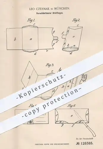 original Patent - Leo Czermak in München , 1901 , Verschließbarer Briefbogen | Brief , Briefumschlag , Kuvert , Papier