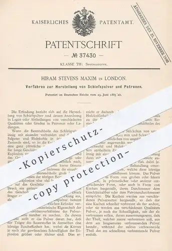 original Patent - Hiram Stevens Maxim , London , 1885 , Herstellung von Schießpulver u. Patronen | Sprengstoff , Waffen