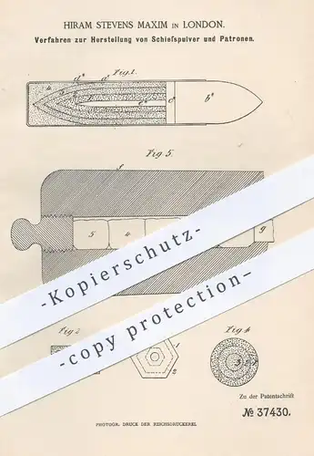 original Patent - Hiram Stevens Maxim , London , 1885 , Herstellung von Schießpulver u. Patronen | Sprengstoff , Waffen