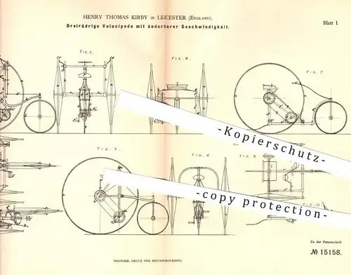 original Patent - Henry Thomas Kirby , Leicester , England , 1880 , Dreirädriges Velociped | Velocipede , Fahrrad , Rad