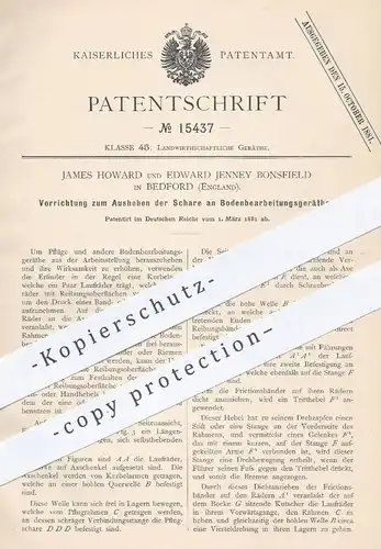 original Patent - James Howard , Edward Jenney Bonsfield , Bedford England , 1881 , Scharen am Pflug | Pflüge , Pflügen