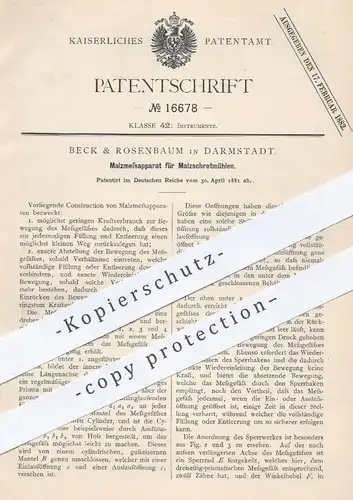 original Patent - Beck & Rosenbaum , Darmstadt , 1881 , Malzmessapparat für Malzschotmühlen | Malz , Schrot , Mühlen !!