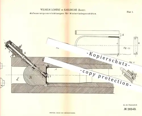 original Patent - W. Lorenz , Karlsruhe , 1883 , Hinterladegeschütze | Geschütz , Waffen , Geschosse , Militär , Marine