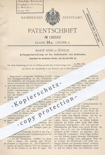 original Patent - Marie Hess in Zürich , Schweiz , 1905 , Aufzug , Fahrstuhl an der Außenseite von Gebäuden | Aufzüge !!